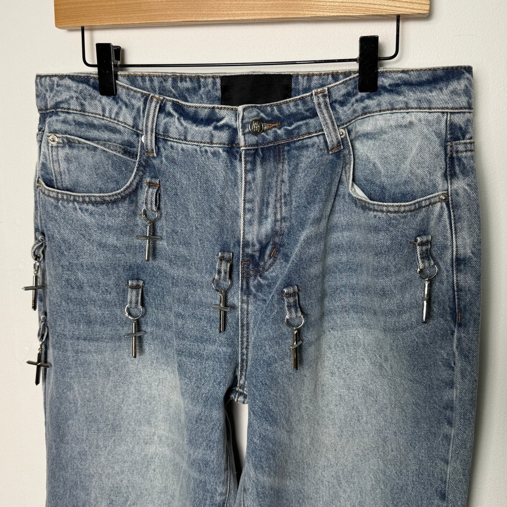 Marcelo Miracles Paris Light Wash Cross Charm Wide‎ Leg Denim Jeans Mens 34